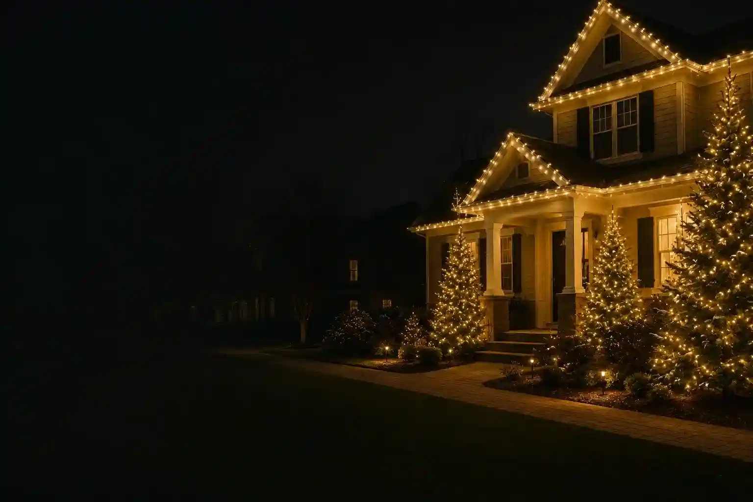 Beautifully decorated Denver home with premium Christmas lights installed along the roofline and landscaping