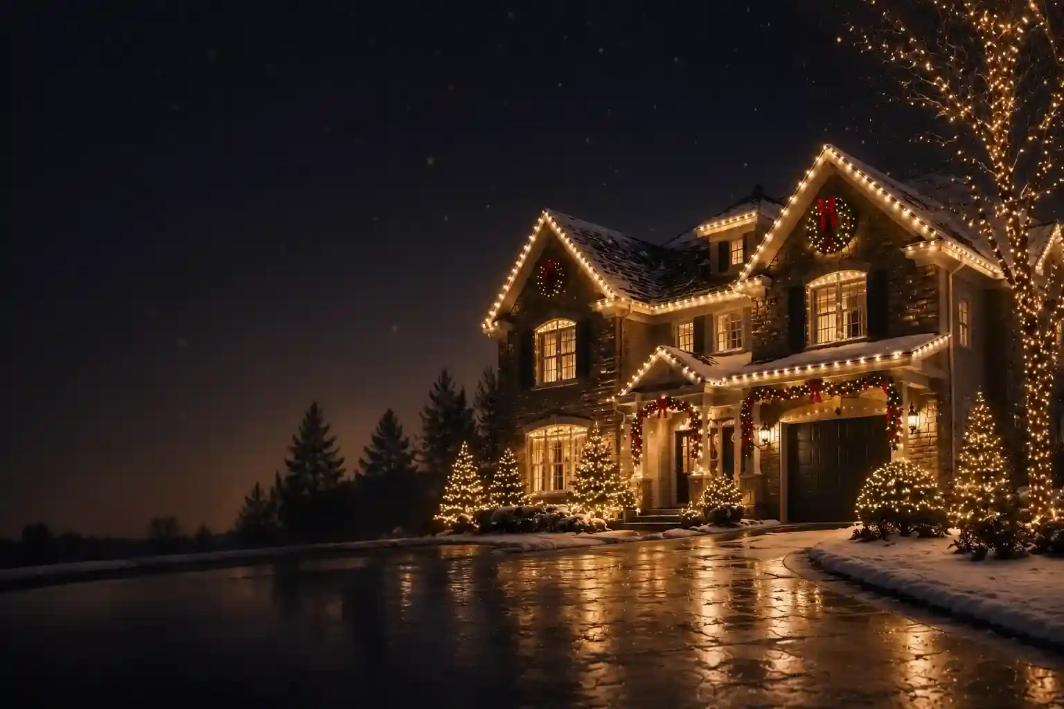 Beautiful Christmas-lit home at night