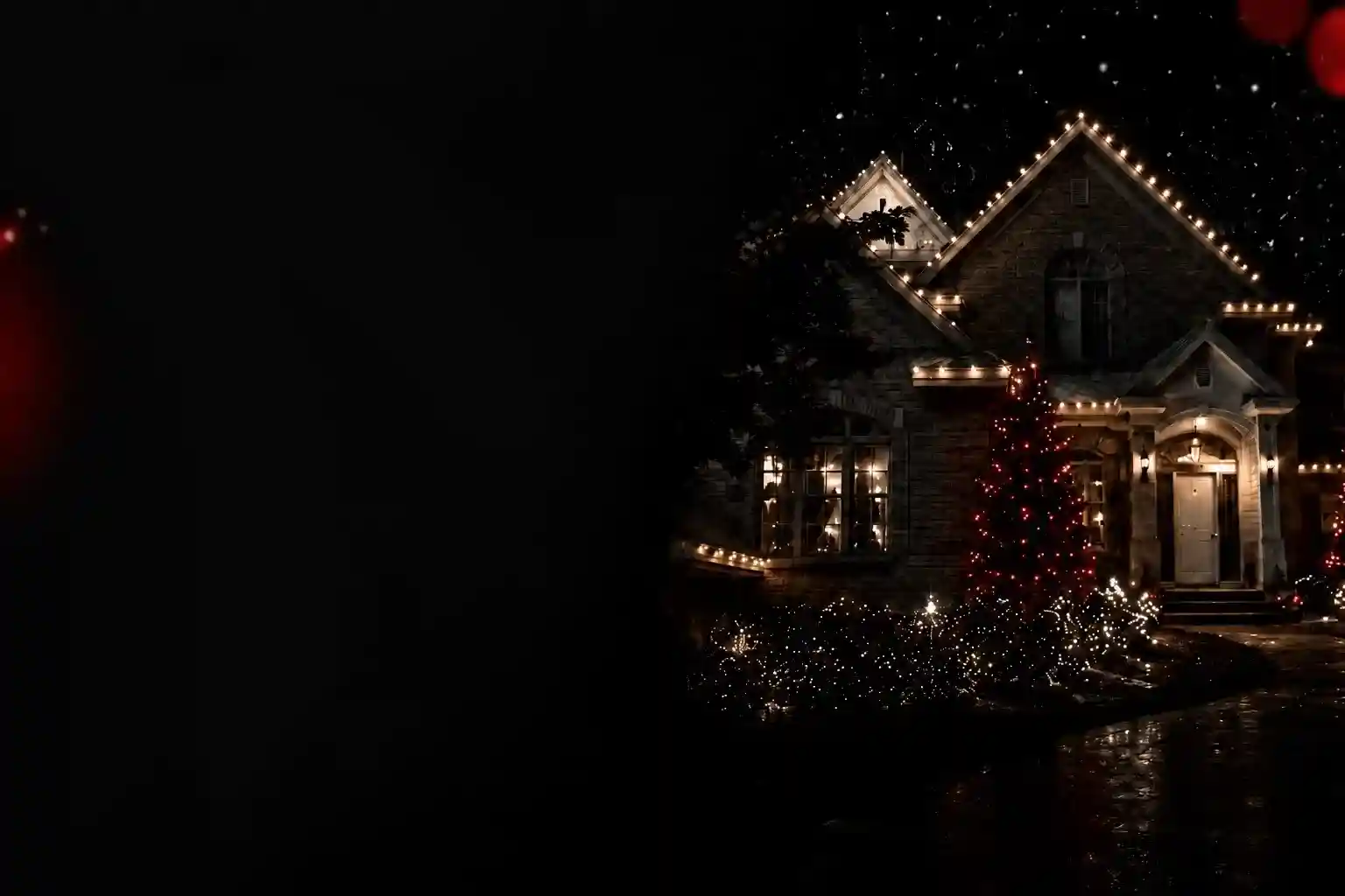 Professionally decorated Christmas home at night